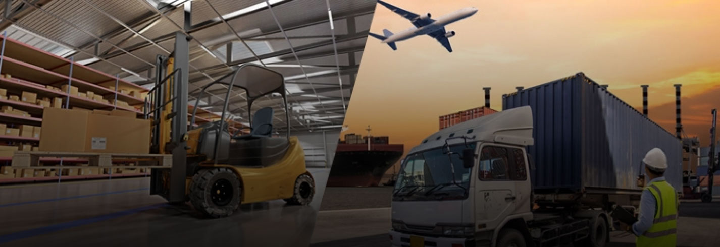 A bustling warehouse with trucks and a plane parked outside, ready for efficient transportation and logistics